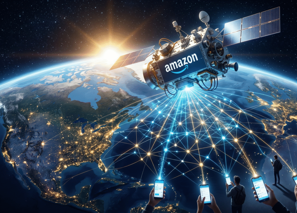A detailed illustration of a satellite with the Amazon logo orbiting high above the Earth. Bright, glowing blue digital network lines beam down from the satellite, connecting directly to several people holding smartphones in the darkness below. The sun peeks over the curvature of the Earth against a backdrop of starry deep space.