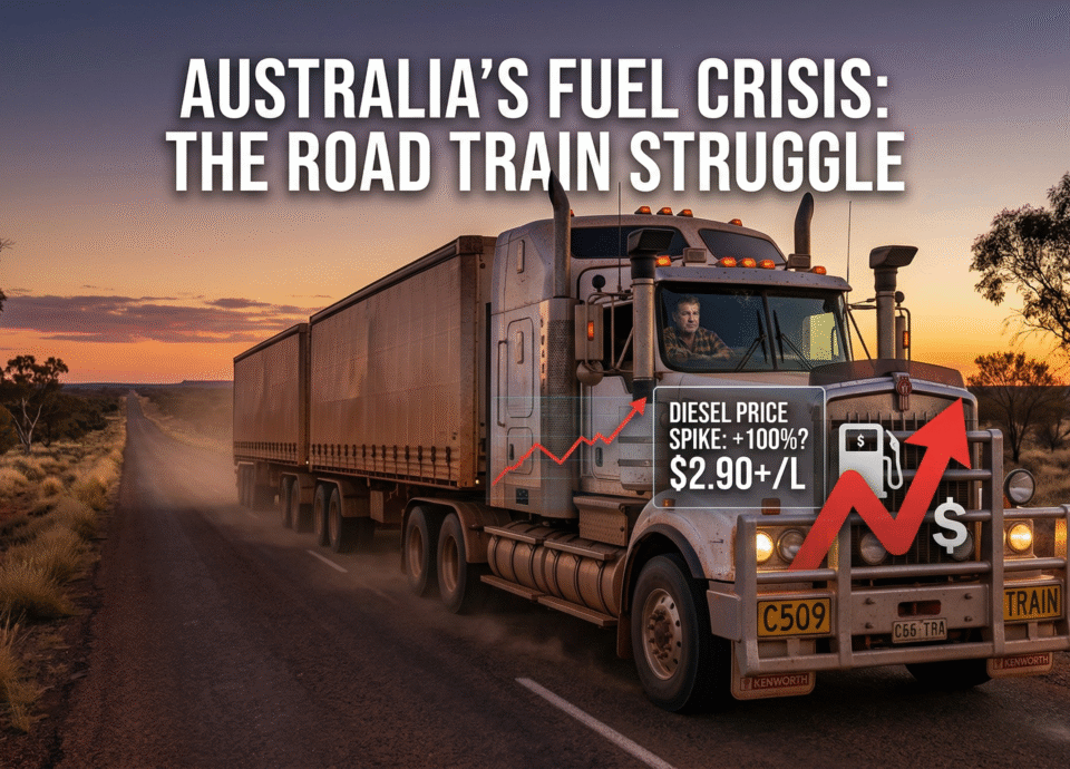 "A large Australian road train driving down a dusty outback highway at sunset, with a concerned driver visible in the cab. The image features overlaid graphics, including a large red upward-pointing arrow and a fuel pump icon indicating rising costs, alongside text that reads 'AUSTRALIA'S FUEL CRISIS: THE ROAD TRAIN STRUGGLE' and a digital display showing 'DIESEL PRICE SPIKE: +100%? $2.90+/L'."