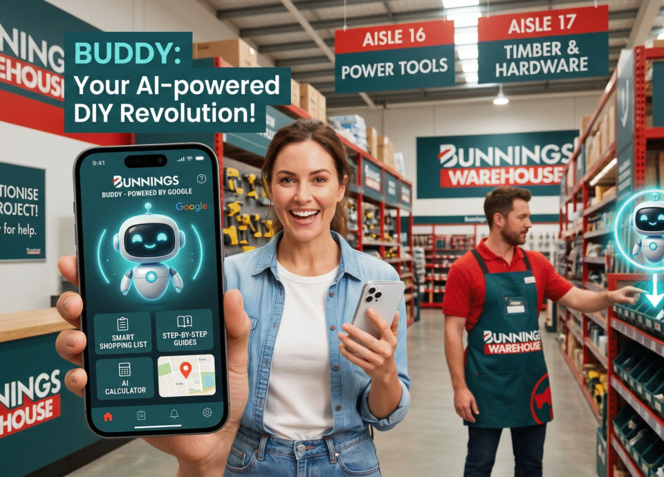 A smartphone showing the Bunnings AI Buddy app in a hardware store.