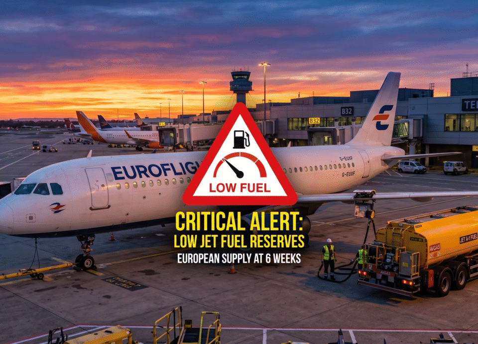 "A commercial passenger airplane parked at an airport terminal gate during sunset, with a yellow aviation fuel truck actively servicing it. Overlaying the center of the image is a large red triangular warning sign featuring a fuel pump icon, a gauge pointing to empty, and the words 'LOW FUEL'. Below the sign, bold text reads 'CRITICAL ALERT: LOW JET FUEL RESERVES' and 'EUROPEAN SUPPLY AT 6 WEEKS'."