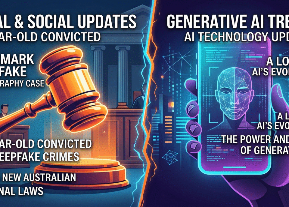 A split-screen digital illustration contrasting law and artificial intelligence. The left side features a glowing orange judge's gavel striking a block in a courtroom, accompanied by the text: "LEGAL & SOCIAL UPDATES," "19-YEAR-OLD CONVICTED," "LANDMARK DEEPFAKE PORNOGRAPHY CASE," "19-YEAR-OLD CONVICTED FOR DEEPFAKE CRIMES," and "UNDER NEW AUSTRALIAN NATIONAL LAWS." A jagged, glowing blue and orange energy line divides the image down the middle. The right side shows a hand holding a smartphone glowing in neon purple and blue, displaying a digital wireframe face. Text on the right reads: "GENERATIVE AI TRENDS," "AI TECHNOLOGY UPDATES," "A LOOK AT AI'S EVOLUTION," and "THE POWER AND RISKS OF GENERATIVE AI."
