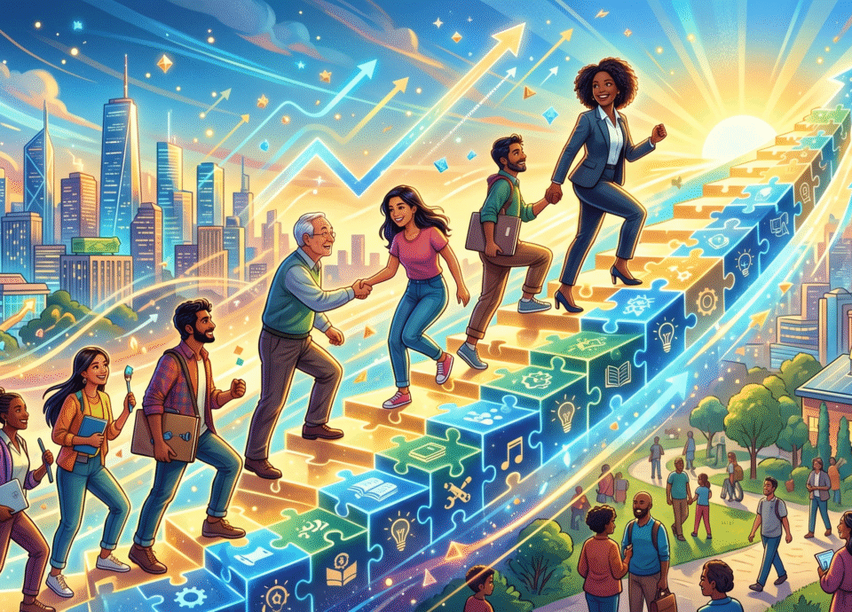 Diverse individuals climbing a glowing puzzle-piece staircase, symbolizing social mobility, equal opportunity, teamwork, and economic productivity.