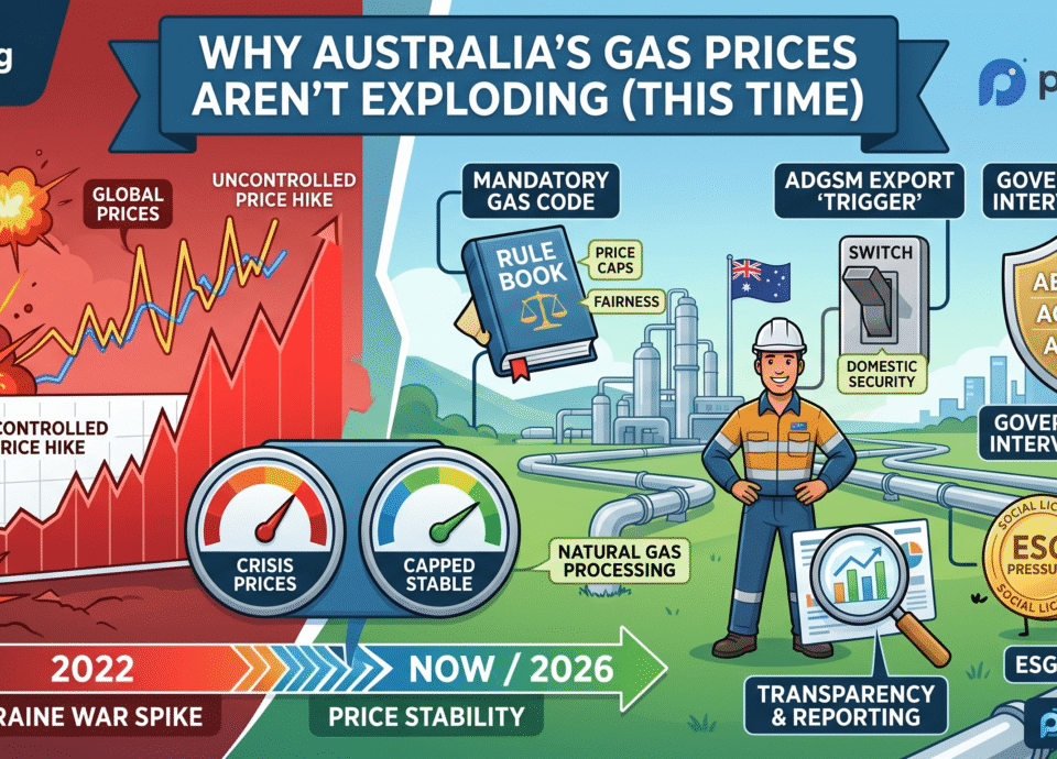 A split-screen infographic comparing the 2022 Australian energy crisis caused by the Ukraine war with the 2026 stable gas market, featuring icons for the Mandatory Gas Code, ADGSM export trigger, and ACCC government intervention.