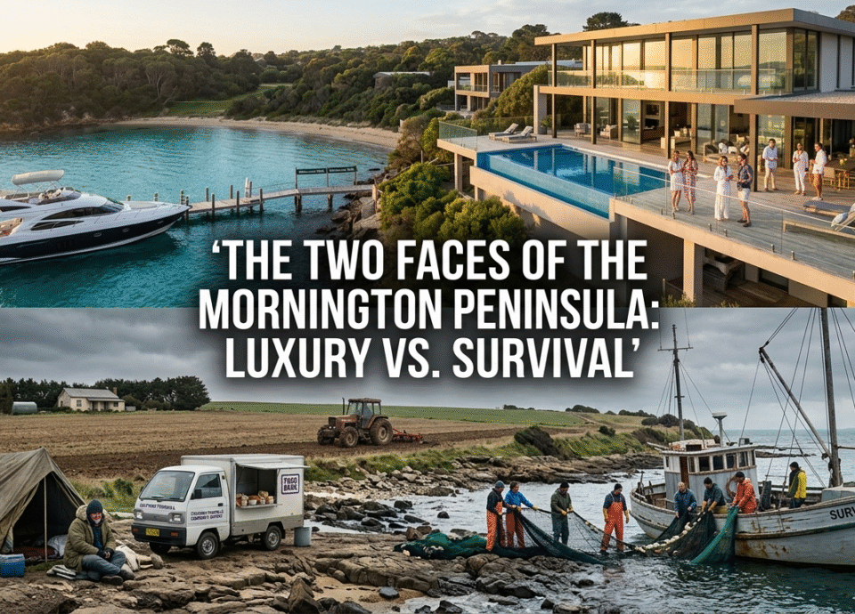 THE TWO FACES OF THE MORNINGTON PENINSULA: LUXURY VS. SURVIVAL" is boldly overlaid across the middle, dividing the two scenes.
