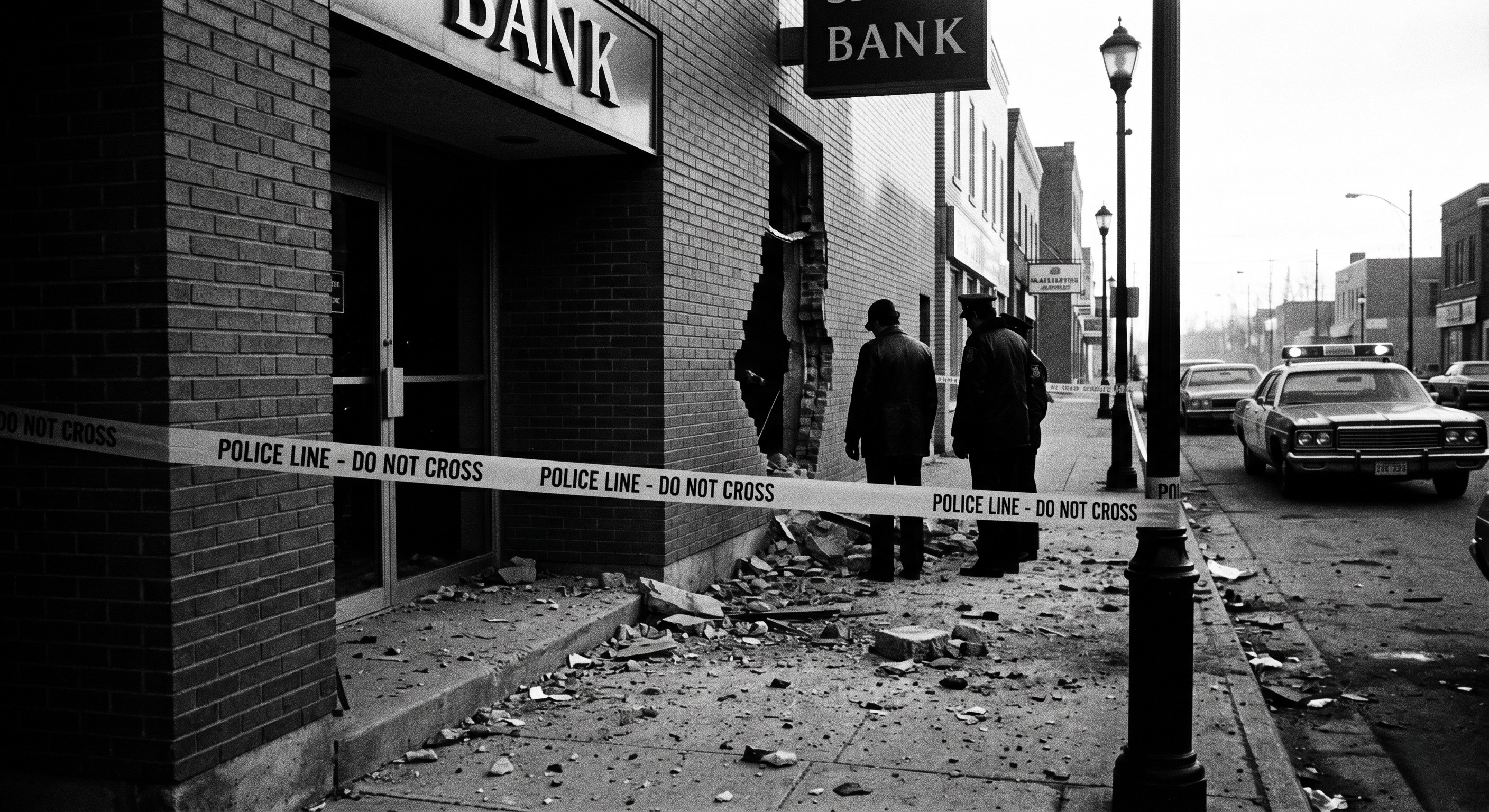 Black and white photograph of a vintage 1970s bank building with a large explosion hole in its brick wall. Police tape reading "POLICE LINE - DO NOT CROSS" stretches across the foreground, while two officers stand near the scattered rubble. A classic 1970s police car is parked on the street nearby, capturing the dramatic aftermath of a crime scene.
