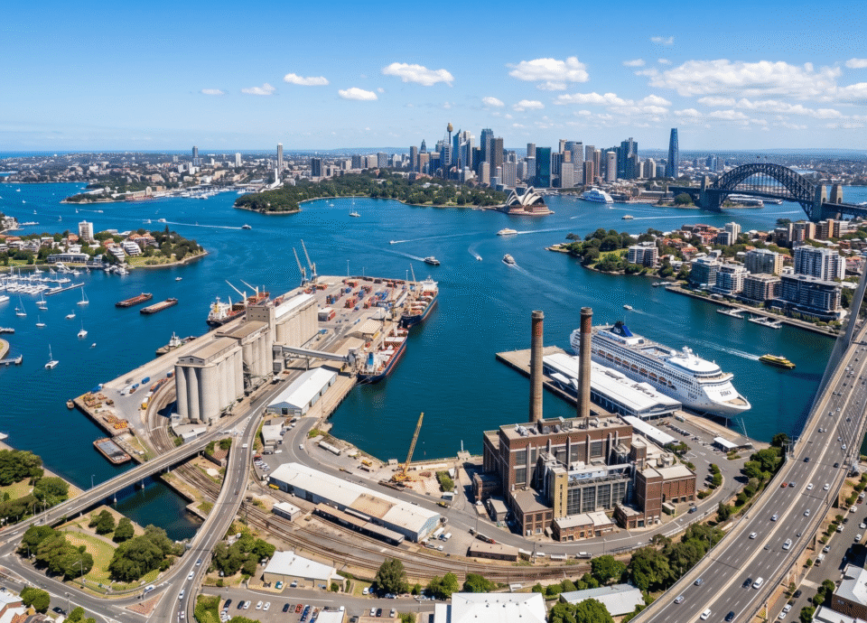 A high-angle aerial photograph capturing Sydney Harbour, focusing on the industrial Bays West area in the foreground featuring grain silos, the White Bay Power Station, and a docked cruise ship next to the Anzac Bridge, with the iconic Sydney CBD skyline, Harbour Bridge, and Opera House visible in the far background under a sunny sky.