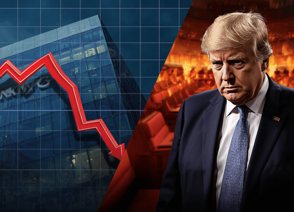 A split-screen graphic with the headline 'BUDGET 2026 LIVE: ECONOMY & POLITICS IN FLUX'. The left side shows a steep downward-trending stock chart with a prominent red line and '10% DROP' superimposed over the CBA banking headquarters in Sydney. The right side features a tense, 'FIERY & TENSE' parliamentary session in the Australian House of Representatives, with Prime Minister Anthony Albanese at the dispatch box looking determined. The graphic visually combines the market crash and political drama linked to the 2026 Federal Budget.