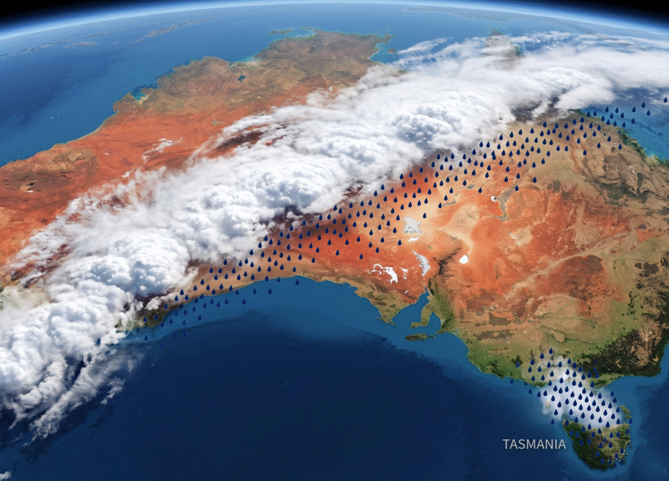 Satellite view of Australia showing a large white cloudband sweeping across the red desert, with blue rain droplets falling across the interior down to Tasmania.