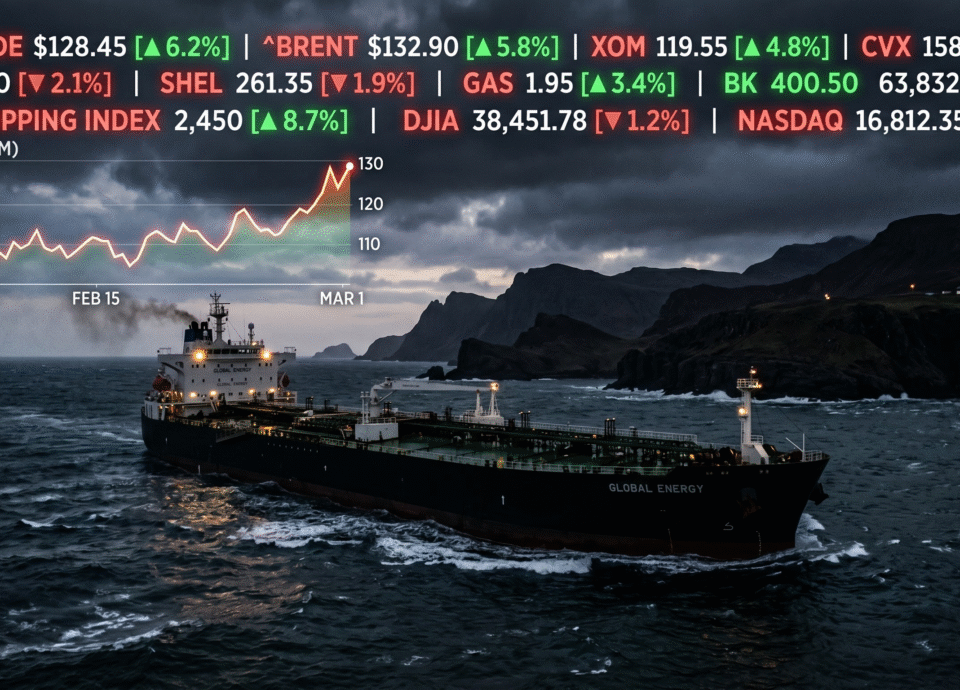 Here is the alt text for the image: "A dramatic image of a large oil tanker named 'Global Energy' navigating dark, choppy waters near a rugged, shadowed coastline under a cloudy sky. Overlaid across the top of the scene is a glowing digital stock market ticker and an upward-trending line graph, displaying sharply rising prices for WTI Crude, Brent oil, and various energy company stocks."