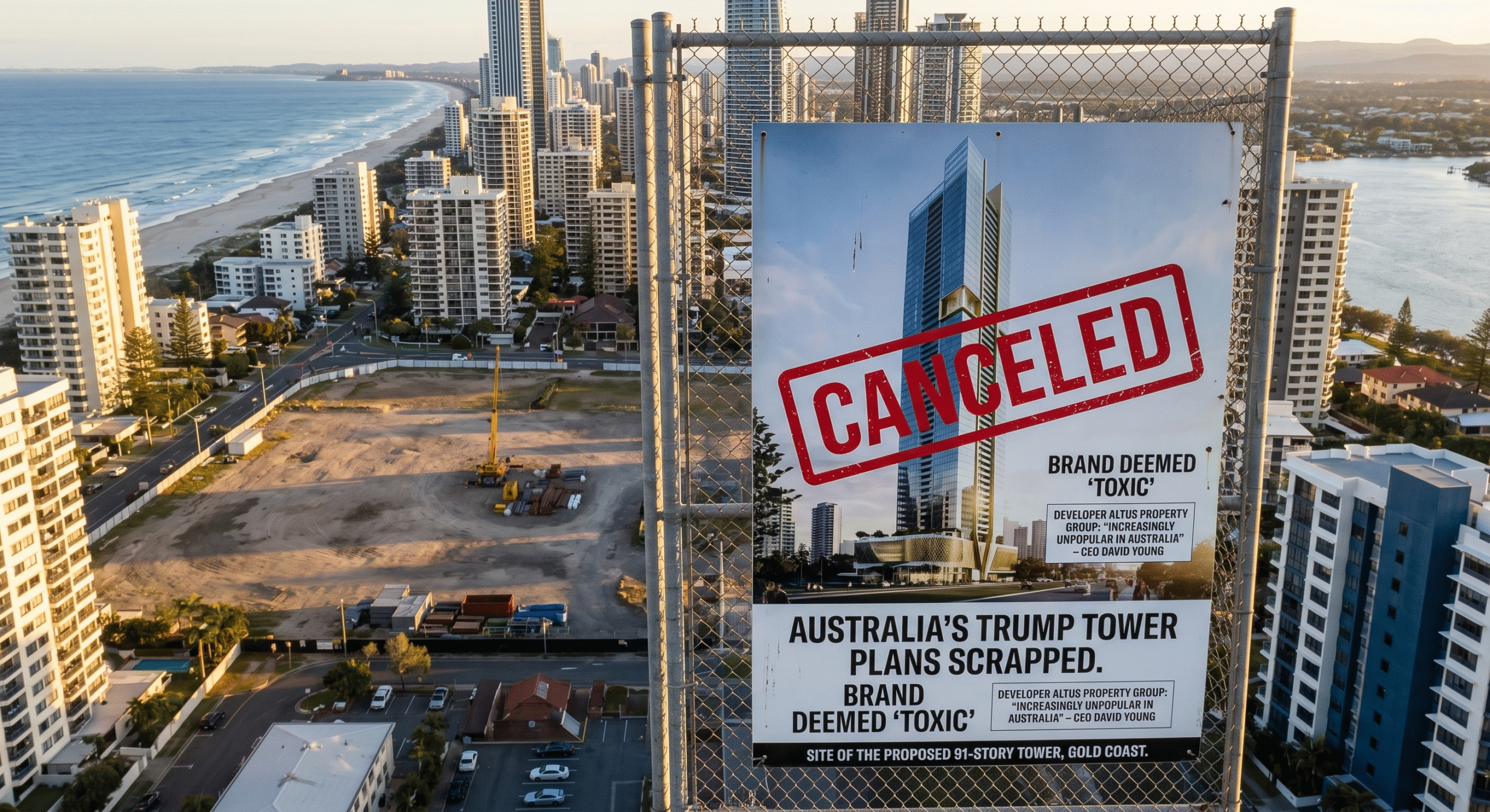A large sign attached to a chain-link fence overlooking an empty dirt construction site on the Gold Coast. The sign features a rendering of a modern skyscraper overlaid with a bold red "CANCELED" stamp. Text on the poster reads, "AUSTRALIA'S TRUMP TOWER PLANS SCRAPPED. BRAND DEEMED 'TOXIC'." In the background, a sprawling coastal city skyline borders the ocean.