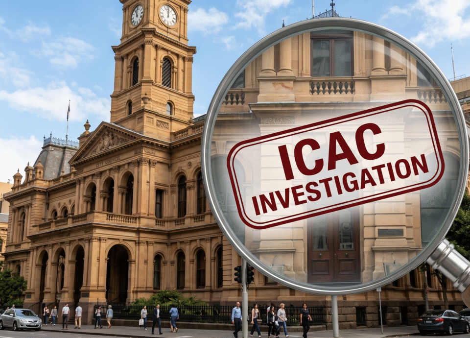 A large magnifying glass focusing on a historic, sandstone city council building. Inside the magnifying glass lens, a red stamp reads "ICAC INVESTIGATION".