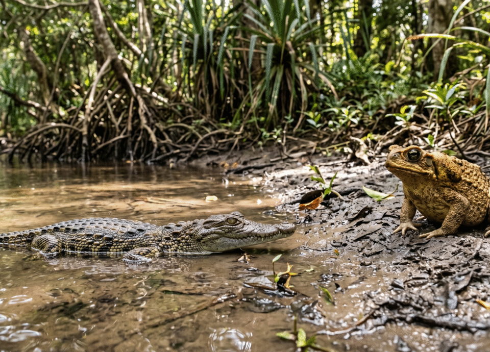A close-up photograph of a small juvenile crocodile in the shallow water of a muddy riverbank, facing a large, warty cane toad sitting on the mud. Dense mangrove roots and tropical jungle vegetation are in the background.