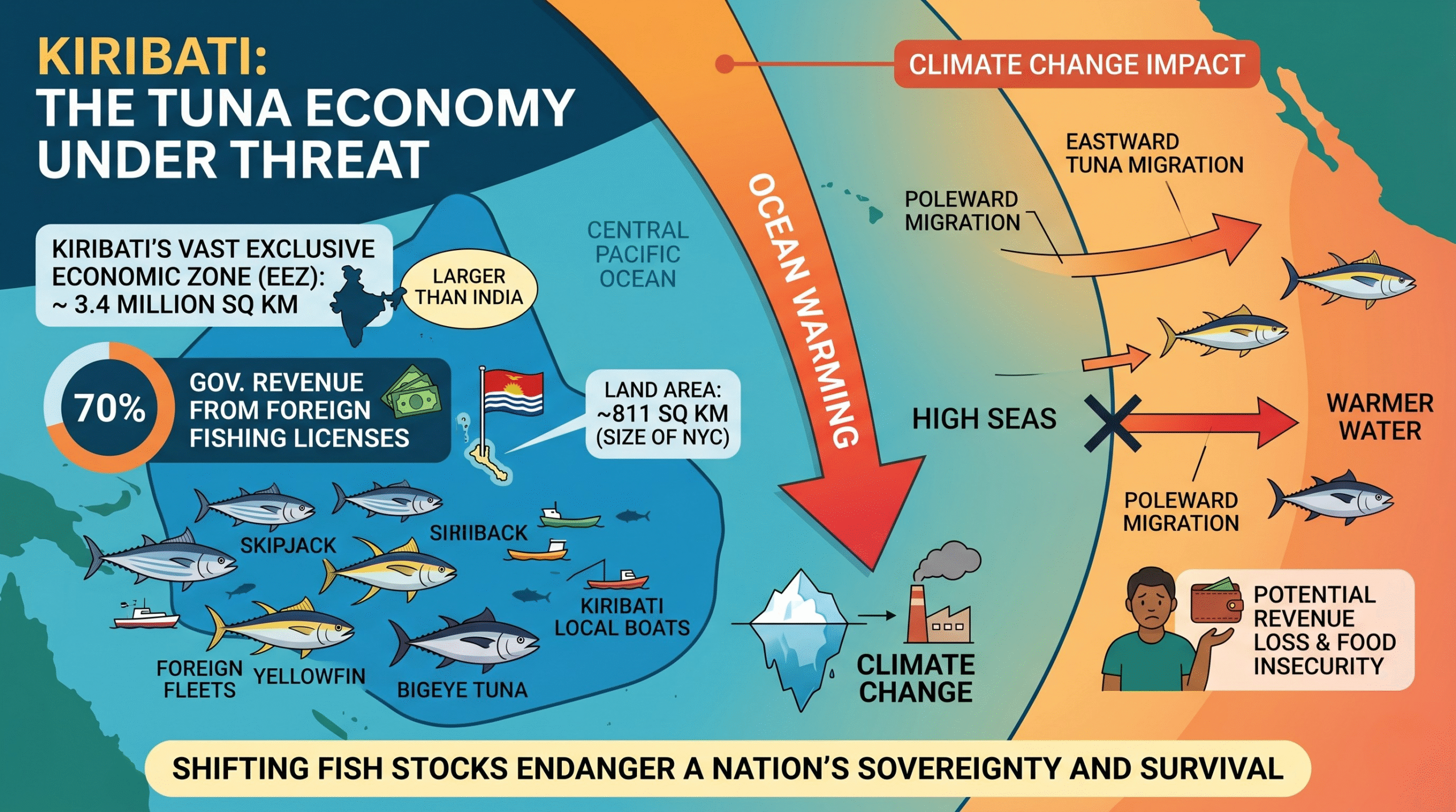 An infographic illustrating how climate change impacts Kiribati's economy. The left panel shows the vast Kiribati Exclusive Economic Zone (EEZ) and the 70% government revenue from selling fishing licenses for skipjack, yellowfin, and bigeye tuna to foreign fleets. A comparison to the size of India and New York City is included. The right panel shows how rising ocean temperatures cause tuna stocks to migrate eastward and poleward, out of the EEZ and into the high seas, threatening the nation's primary income source and food security.