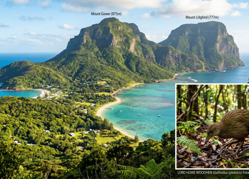 A breathtaking panoramic photograph of Lord Howe Island's iconic landscape, where lush mountains (labeled Mount Gower and Mount Lidgbird) drop steeply into a vibrant turquoise bay dotted with small boats and a sandy beach. A settlement is visible nestled in the dense forest. At the bottom right, a framed inset photo features a detailed close-up of a brown Lord Howe Woodhen, Gallirallus sylvestris, as it forages on a leaf-strewn forest floor, with descriptive text below identifying the bird and its activity.