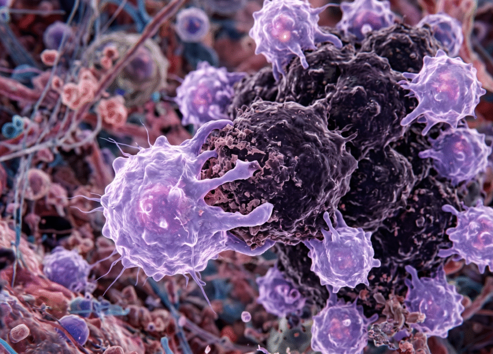 "Highly detailed microscopic rendering of purple macrophages actively engulfing and nibbling at the edges of a dark, clustered melanoma cell mass."