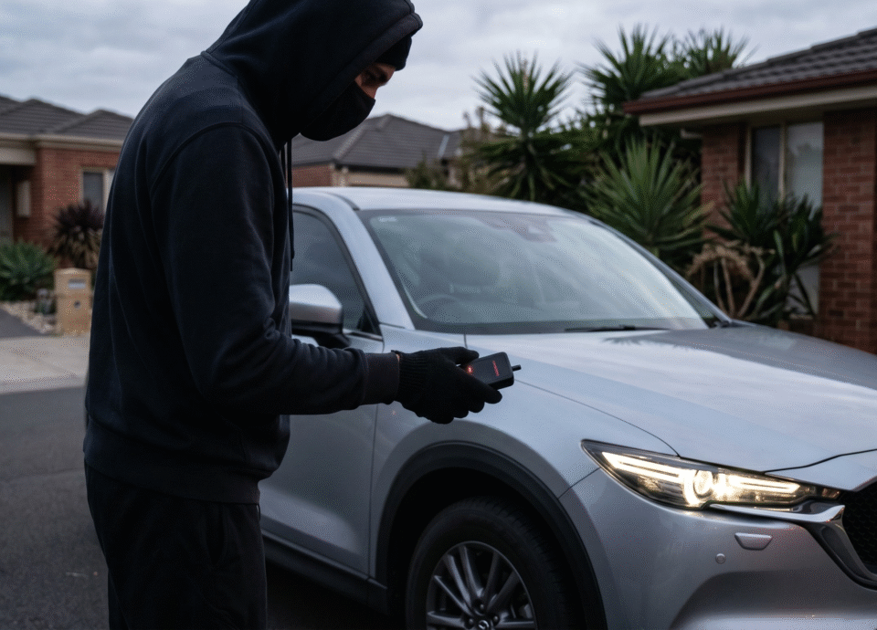 A hooded figure using an electronic device to steal a silver car via a high-tech relay attack in a suburban driveway.