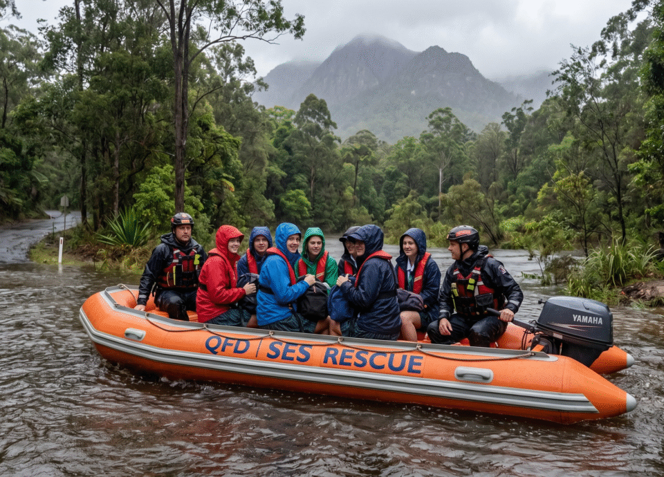 An orange rescue boat carrying high school students in rain jackets and emergency service workers across a flooded road, surrounded by lush green trees and mountains in a national park.