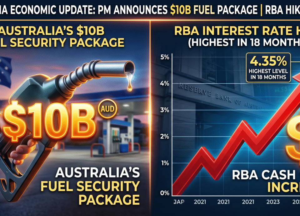 "A split-screen economic infographic titled 'Australia Economic Update'. The left side shows a hand holding a petrol pump nozzle with an Australian flag in the background, accompanied by glowing text reading 'Australia's $10B Fuel Security Package' and '$10B AUD'. The right side displays a sharp, upward-trending red arrow on a line graph over the Reserve Bank of Australia building, with a glowing dollar sign and text reading 'RBA Interest Rate Hike', 'RBA Cash Rate Increase', and a callout box highlighting '4.35% Highest level in 18 months'."