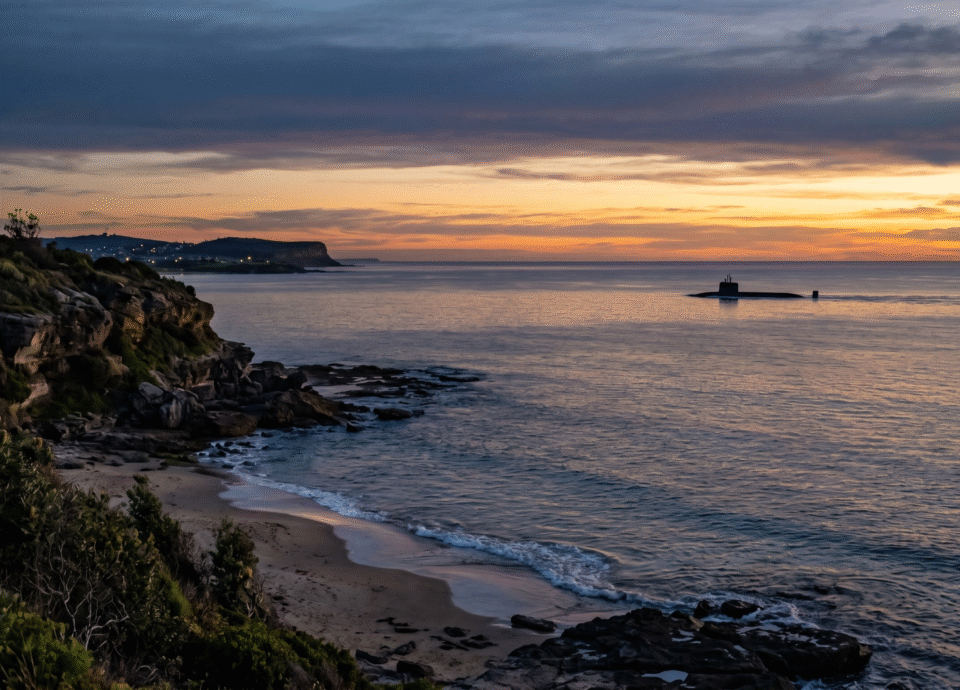 "A shadowy submarine surfaces off a peaceful Australian coastline at sunset, illustrating the proposed nuclear base at Port Kembla."