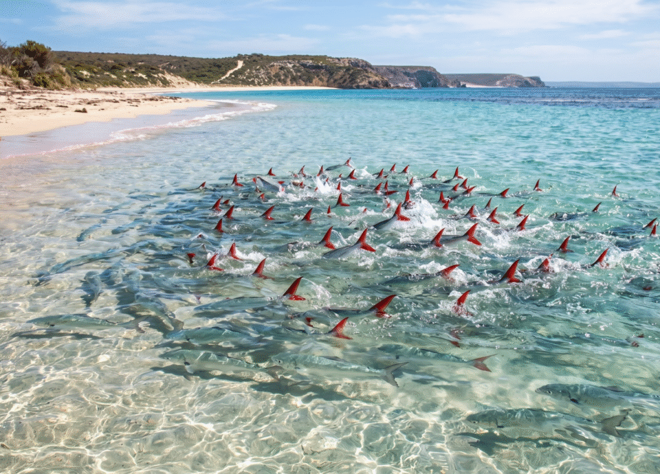 "A large school of fish swimming in clear, shallow water near a sandy beach, with their distinctive bright red tail fins visibly breaking the surface."