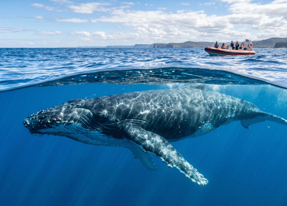 An eye-level over-under shot of a humpback whale swimming below clear blue ocean water, with sunbeams filtering down. An orange rescue boat with a team is visible on the water's surface against a distant coastline under a cloudy sky.
