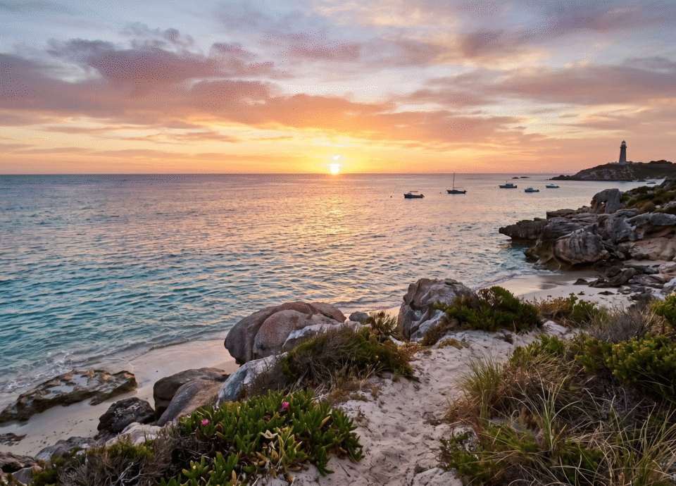 A peaceful sunset over the ocean at Rottnest Island. The foreground features a sandy shoreline with scattered rocks and green coastal vegetation. Calm turquoise waters hold a few small, anchored boats, while a lighthouse stands on a rocky headland in the distance under a soft orange and pink sky.