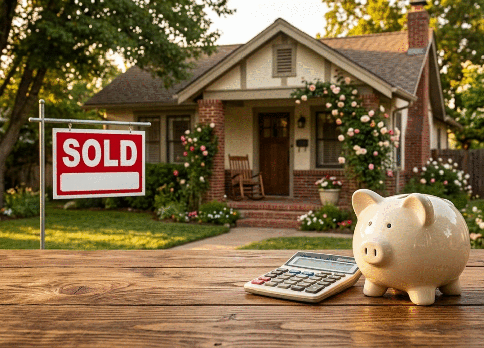 A charming, wood-sided rustic home with a large backyard and trees is the central focus. In the foreground, to the right, a prominent green 'SOLD' sign is planted in the ground. Nearby, on a small wooden patio table, a classic red ceramic piggy bank and an orange calculator rest, symbolizing the financial calculation and savings involved in the property purchase, suggesting the impact of interest rates. The sky is bright blue, indicating a successful transition.