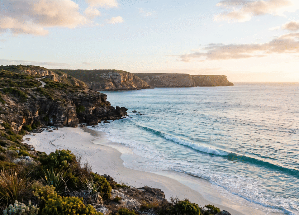 A wide landscape photograph of a rugged coastal area at sunrise or sunset, featuring steep cliffs covered in green scrub, a white sand beach with turquoise waves, a winding path with two small figures, and dramatic rocky headlands under a golden, cloudy sky.