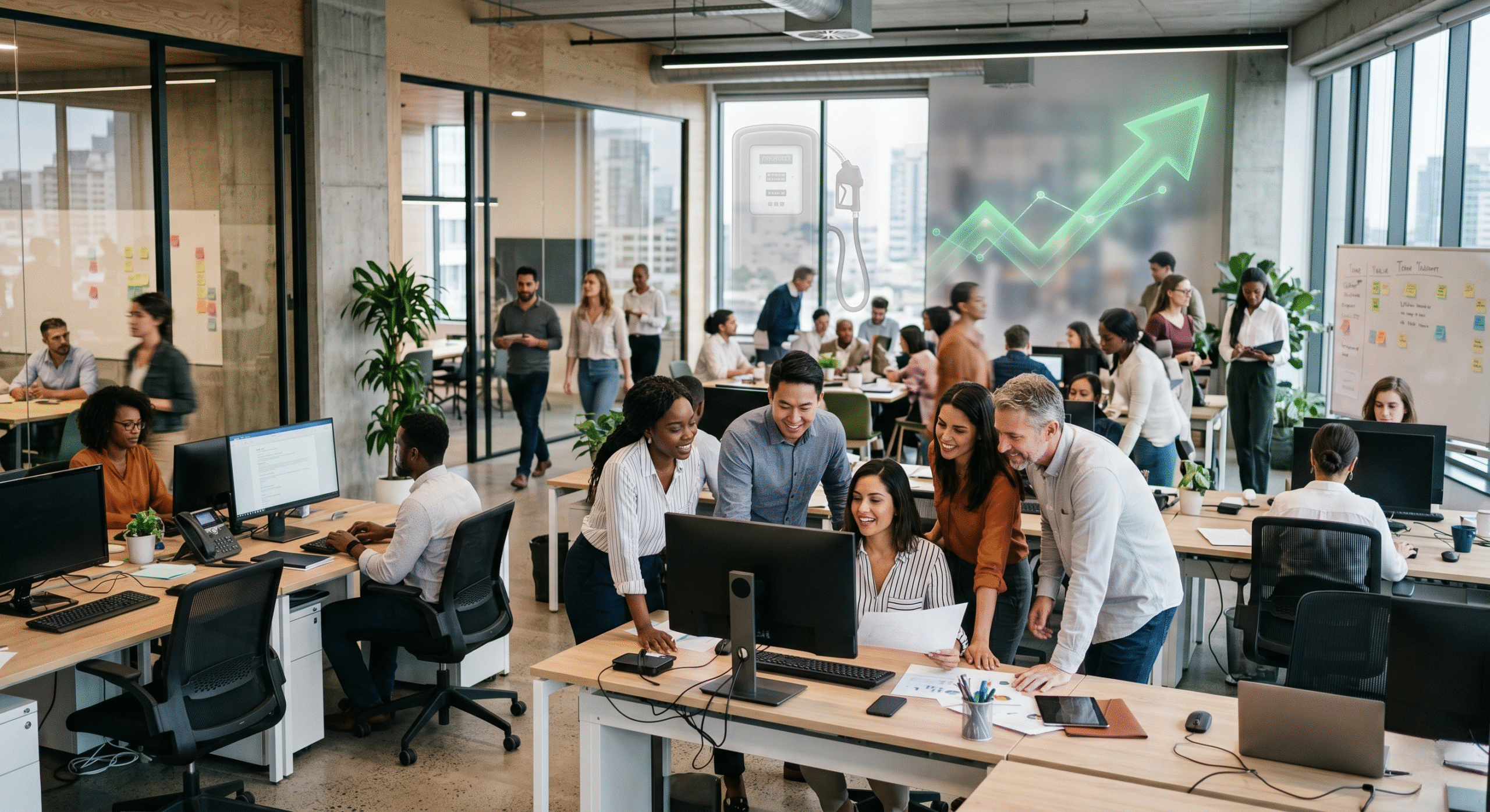 A bustling, modern open-plan office filled with diverse professionals collaborating at desks and walking through the space. Superimposed in the background are a glowing green upward-trending graph and a subtle outline of a gas pump.