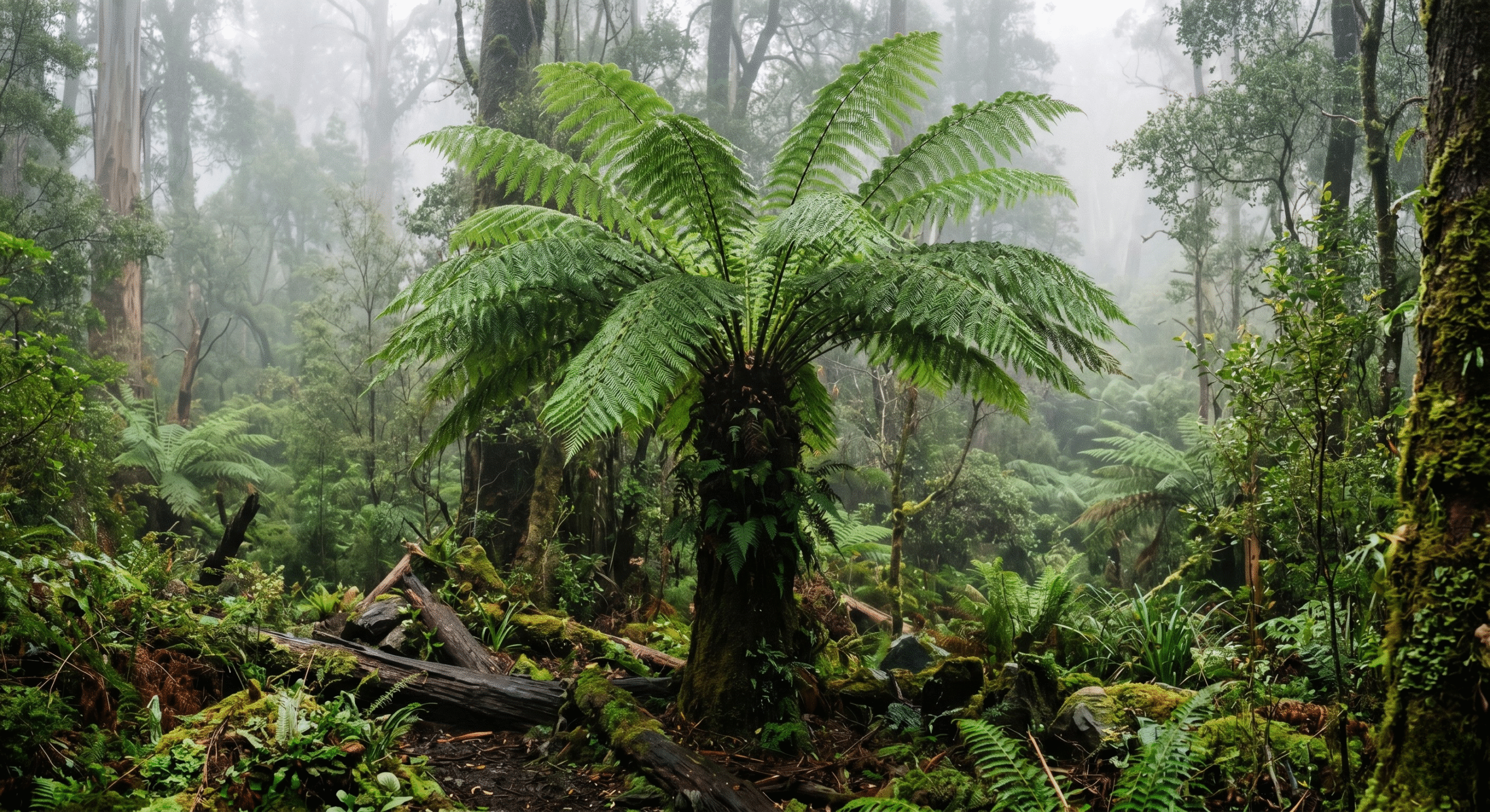 A realistic photograph of a large, vibrant green ancient tree fern standing prominently in a dense, misty, and wild Tasmanian forest, surrounded by mossy logs and lush native undergrowth.