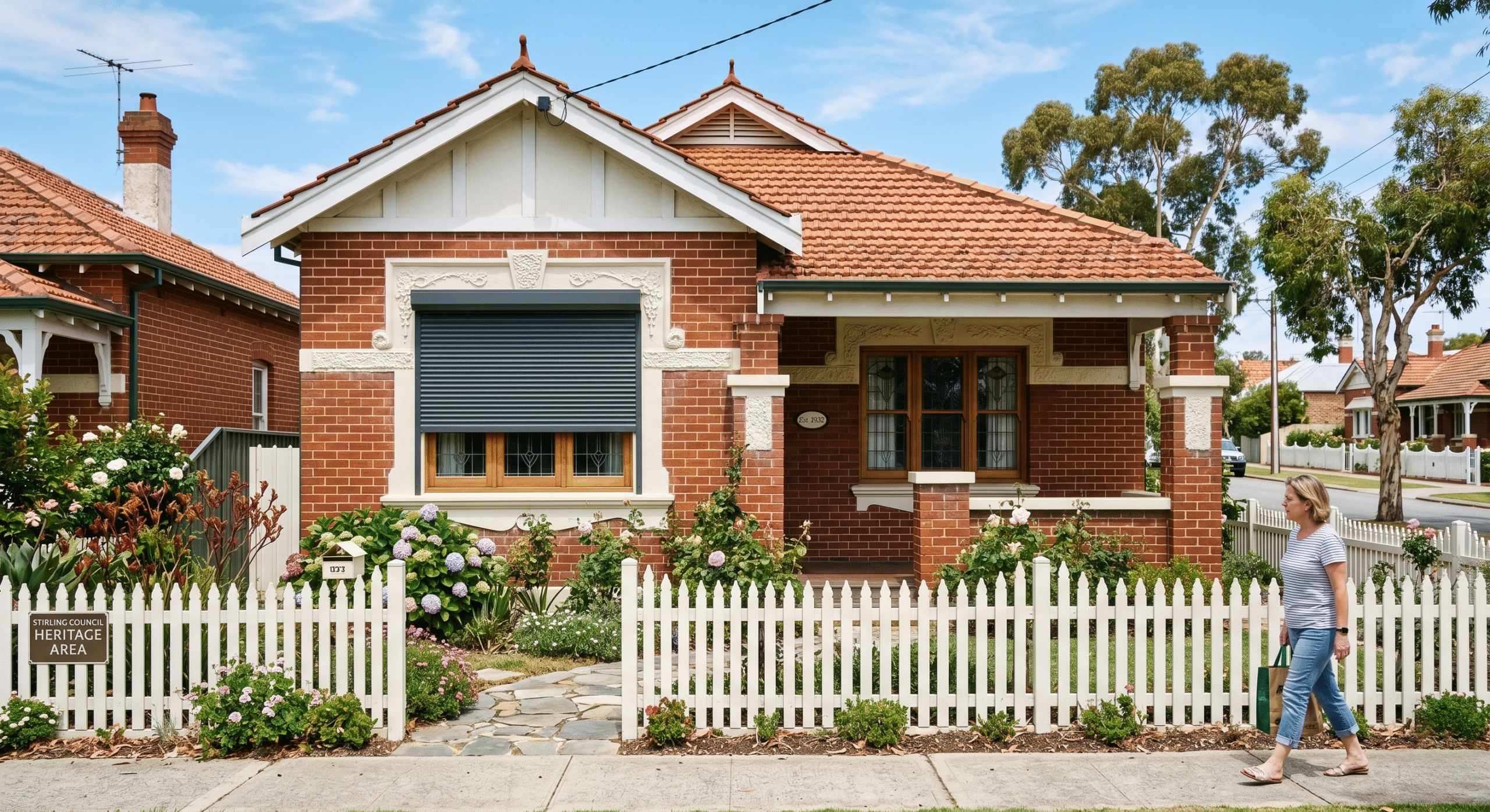 A realistic photo of a traditional Australian red brick bungalow with heritage features and wooden-framed windows. On the left side of the house, a modern dark grey metal roller shutter is partially lowered over a window. A woman is walking on the sidewalk past a white picket fence, illustrating the visual contrast and the debate over aesthetics versus functionality in historic neighborhoods.