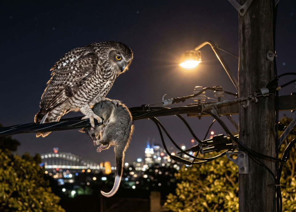 A large Powerful Owl perched on a suburban power line at night, gripping a ringtail possum in its talons, with the blurred city lights of Sydney in the background.