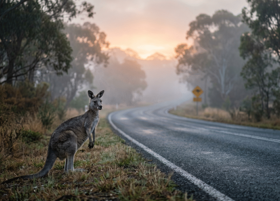 A realistic photograph of a lone kangaroo standing alert on the grassy shoulder of a winding, wet asphalt road in the Australian bush at dawn. Thick fog fills the air, and a soft golden sunrise illuminates the eucalyptus trees in the background. A yellow kangaroo warning sign is visible further down the road.