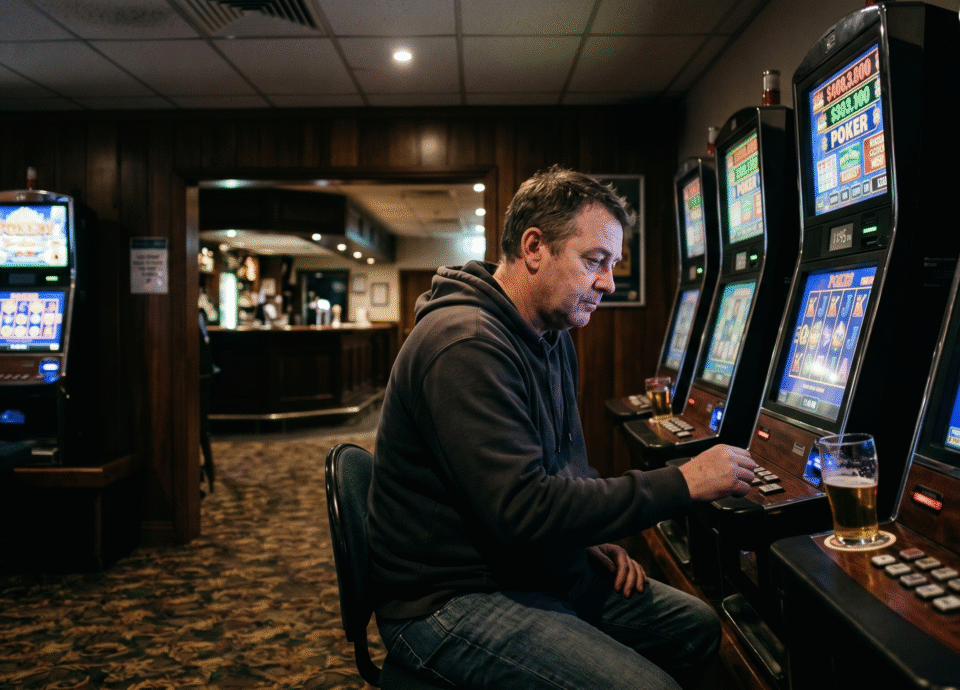 A middle-aged man sits alone in a dimly lit pub late at night, pressing a button on a brightly lit poker machine. He wears a dark hoodie, and a glass of beer rests on the machine's console next to him, highlighting the solitary atmosphere of late-night gambling.